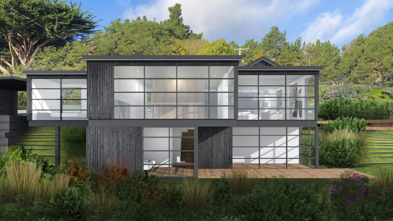 Villa singola su due livelli sulle coste della California, con vista sull'oceano grazie alle ampie vetrate a tutta altezza. Il rivestimento in legno bruciato, realizzato con la tecnica giapponese del kintsugi, conferisce un tocco distintivo. Ogni stanza offre una vista panoramica, mentre il piano inferiore si apre sul meraviglioso giardino.