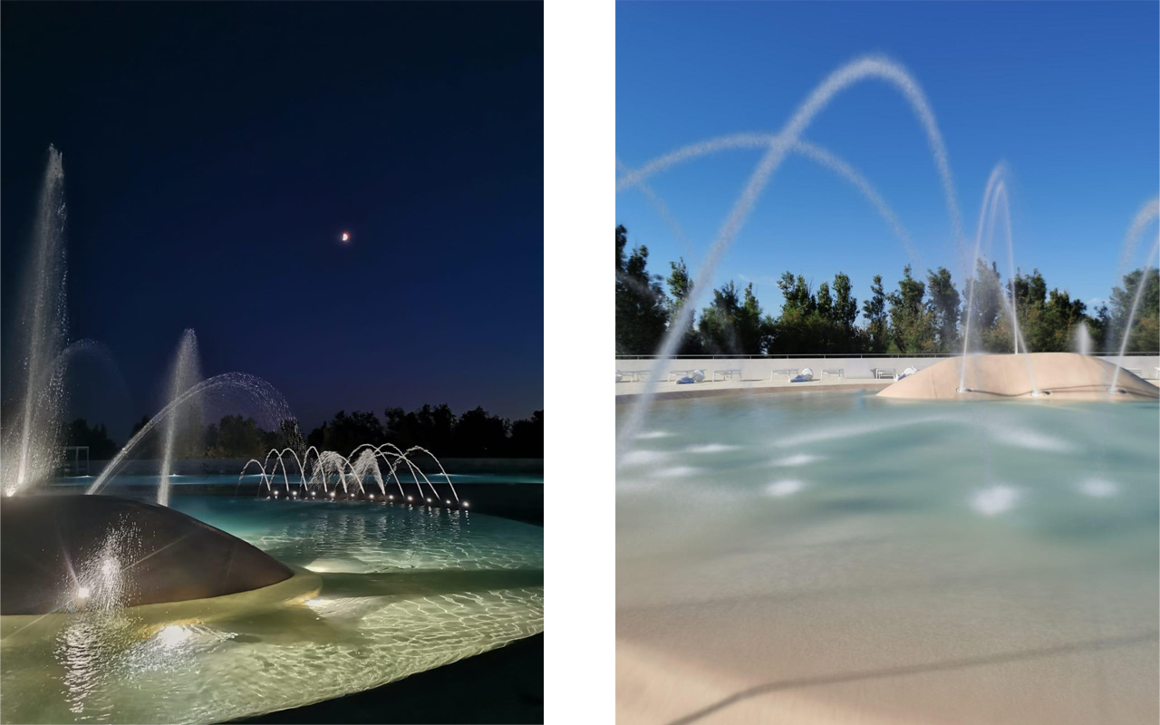 riqualificazione piscine del camping Rosapineta con adeguamento delle altezze del fondo e nuovo rivestimento, con bordo a sfioro, illuminazione subacquea e nuova pavimentazione color sabbia, nuove zone solarium con area vip e riqualificazione dell'area esterna del risto-bar