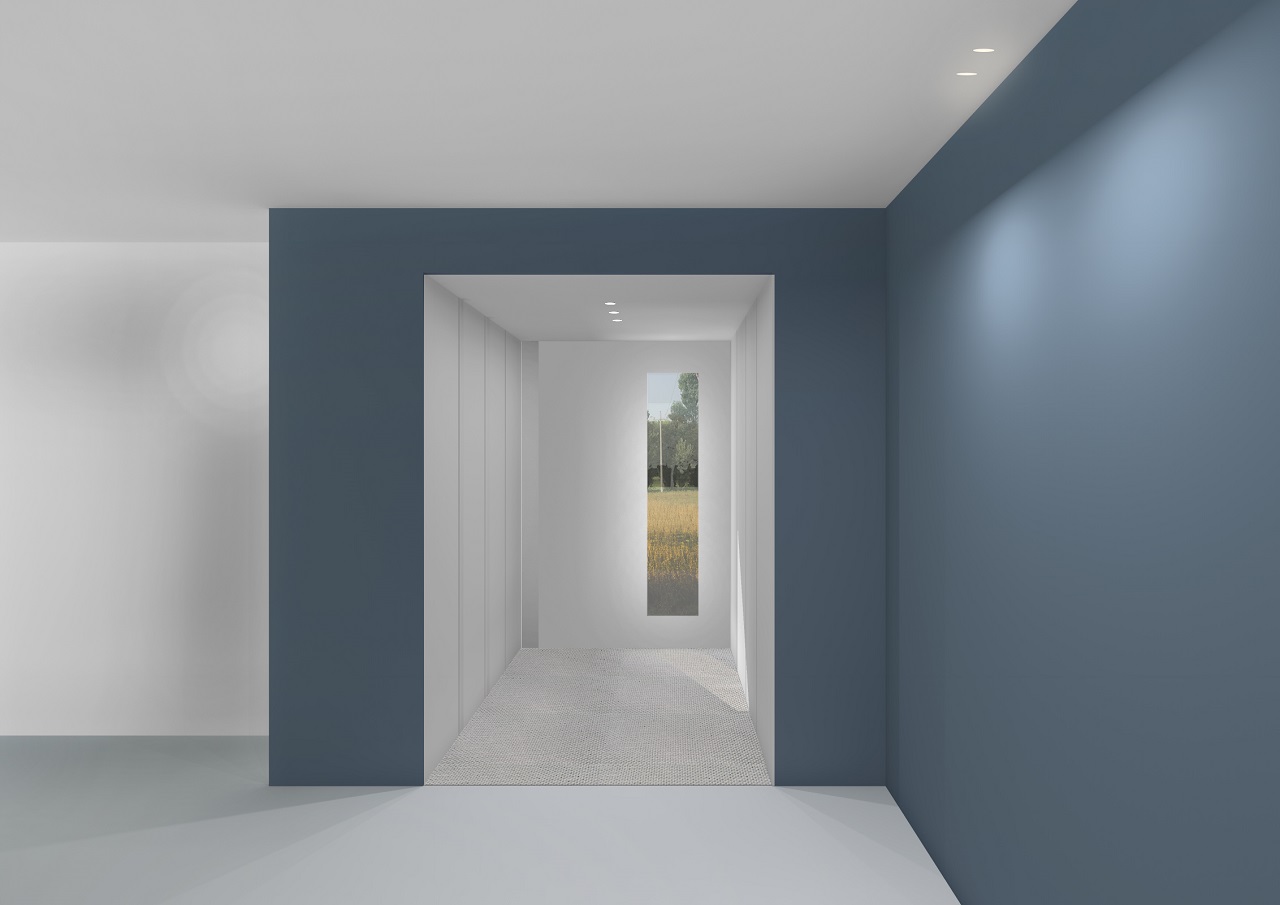 Nuovo arredo d'ingresso di colore blu, che si estende lungo la parete ai diversi piani della casa, creando un effetto di continuità e armonia.