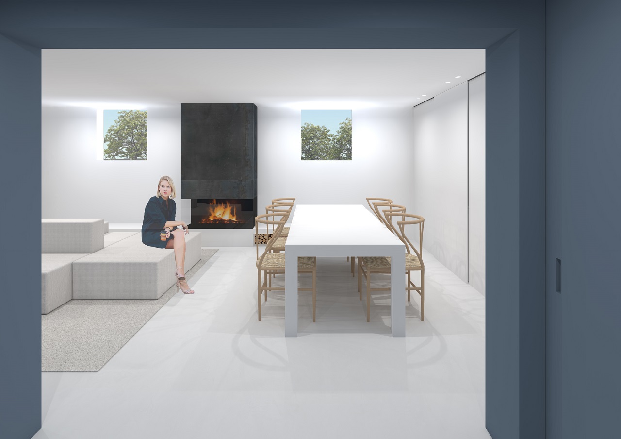 Rinnovamento della zona taverna con arredi minimalisti dai colori moderni, color blocking blu e divano bifacciale, per un design contemporaneo ed elegante.