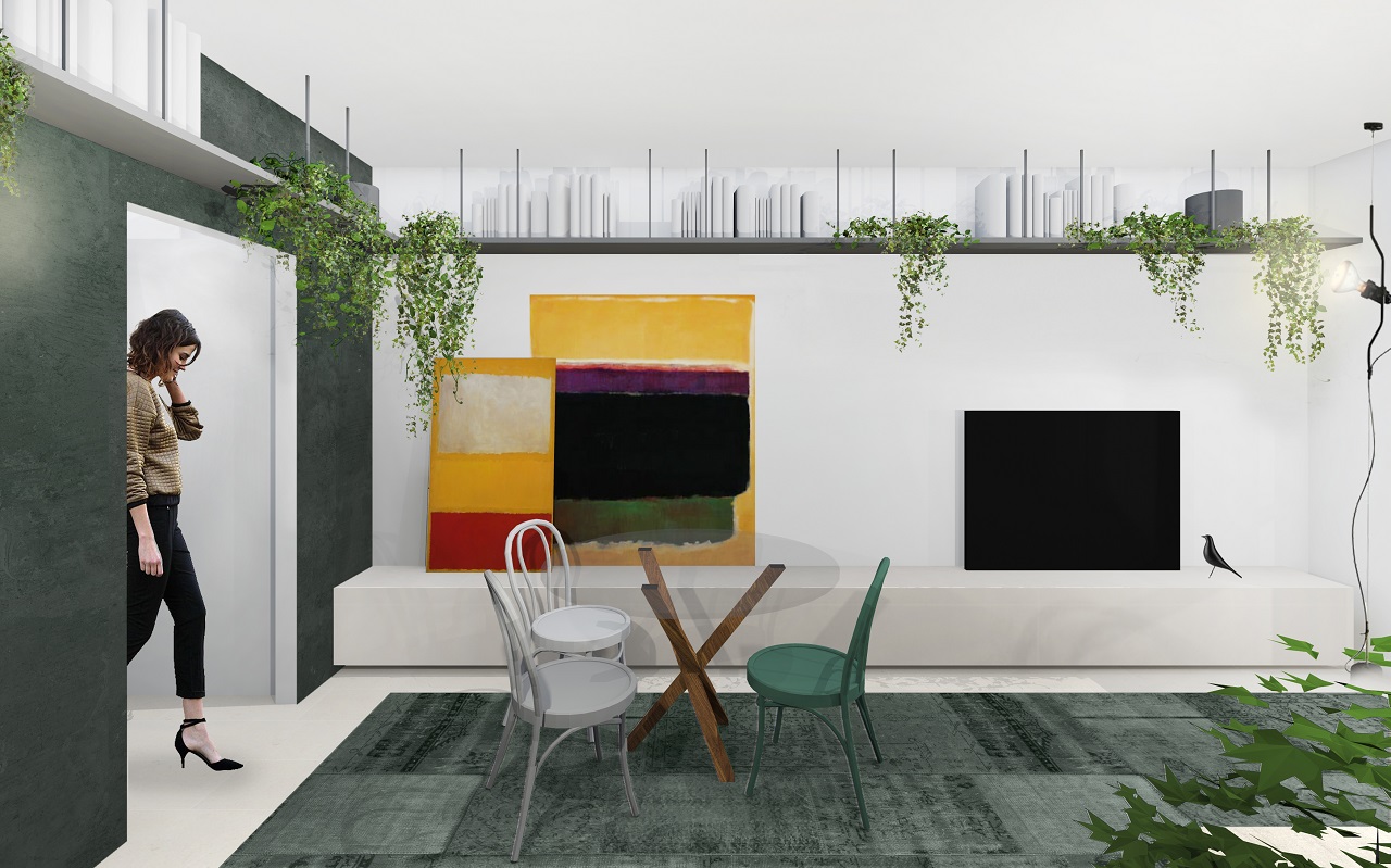 zona giorno con mensola sospesa salvaspazio e arredo tv minimalista 