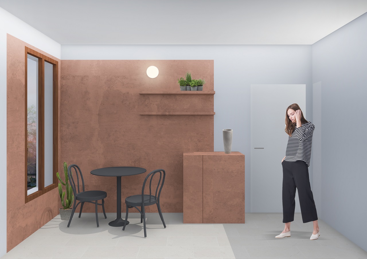 angolo cucina rinnovato con color blocking color terracotta, creando un angolo funzionale con arredi minimalisti