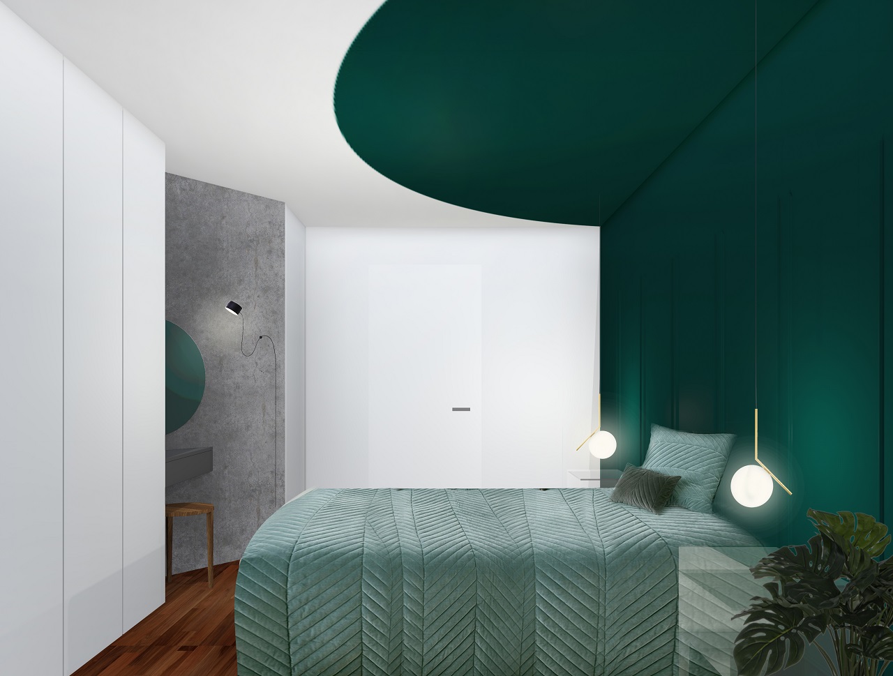 rinnovamento camera con l'uso della boiserie e del color blocking che coinvolge anche parte del soffitto rievocando l'intimità del baldacchino. Spazio beauty ricavato sulla parete dell'armadio
