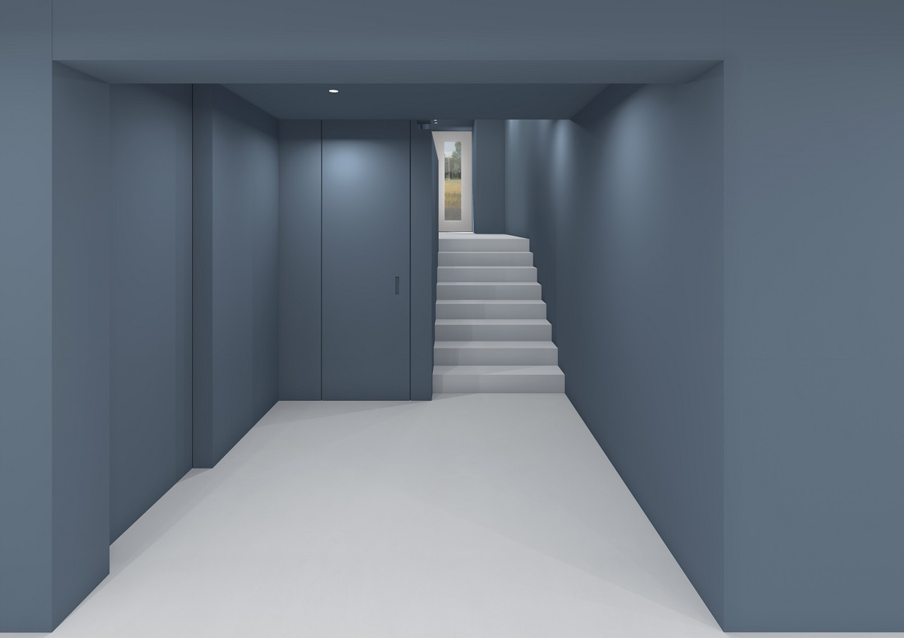 Rinnovamento della zona taverna con arredi minimalisti dai colori moderni, color blocking blu che unifica l'ingresso, la taverna e i piani superiori, creando un design armonioso.