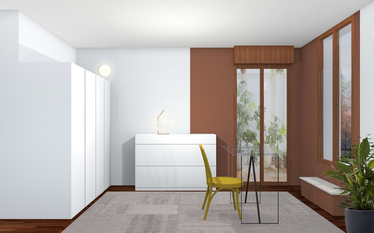 Stanza studio con finestre in legno asimmetriche unificate tramite il color blocking color terracotta, arredo dalle linee essenziali e pulite,