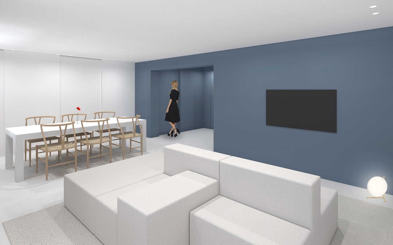 Rinnovamento della zona taverna con arredi minimalisti dai colori moderni, color blocking blu e divano bifacciale, per un design contemporaneo ed elegante.
