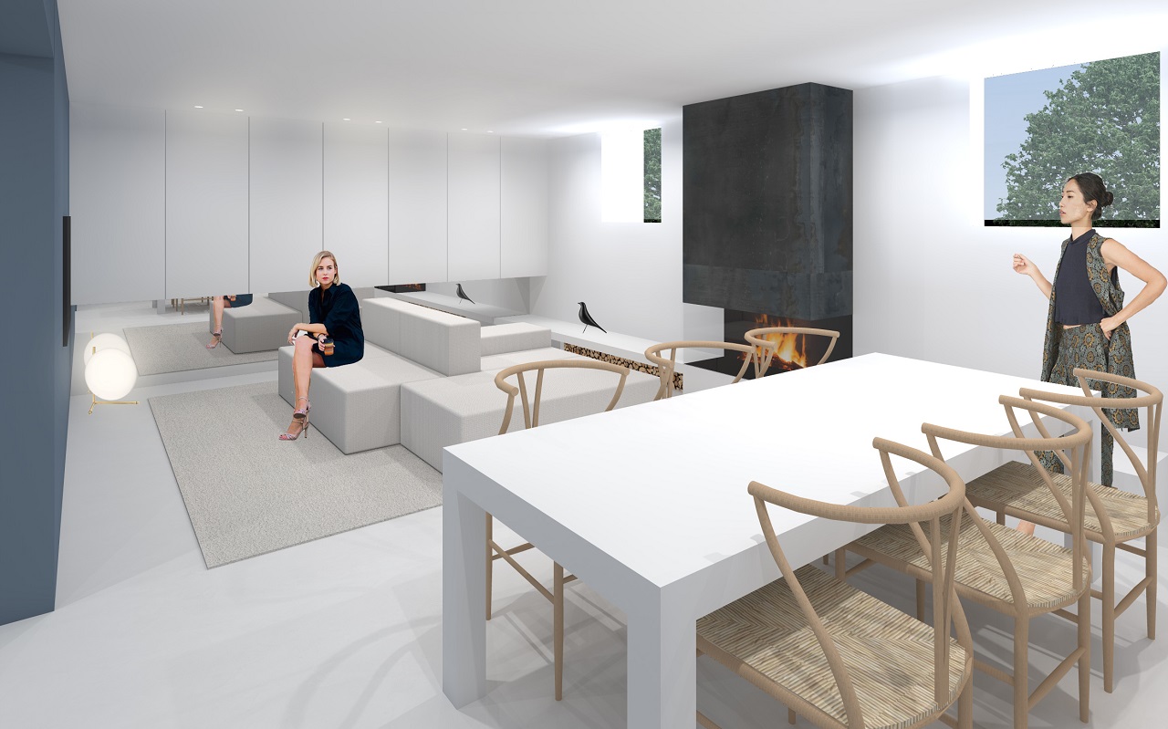 Rinnovamento della zona taverna con arredi minimalisti dai colori moderni, arredo sospeso con specchio a pavimento per ampliare lo spazio, divano bifacciale e caminetto a legna