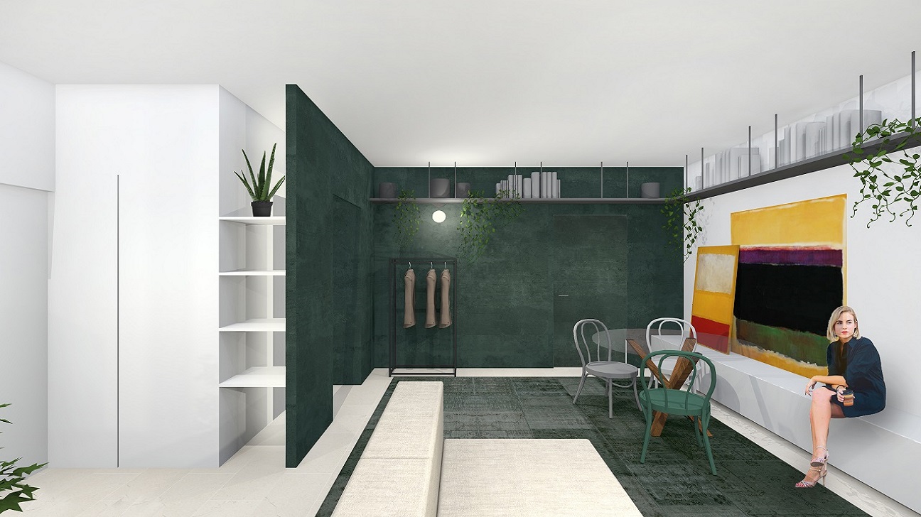 Ingresso rinnovato con guardaroba su misura e mensola metallica sospesa, colore verde bioma forestale