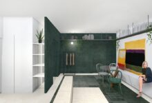 Ingresso rinnovato con guardaroba su misura e mensola metallica sospesa, colore verde bioma forestale