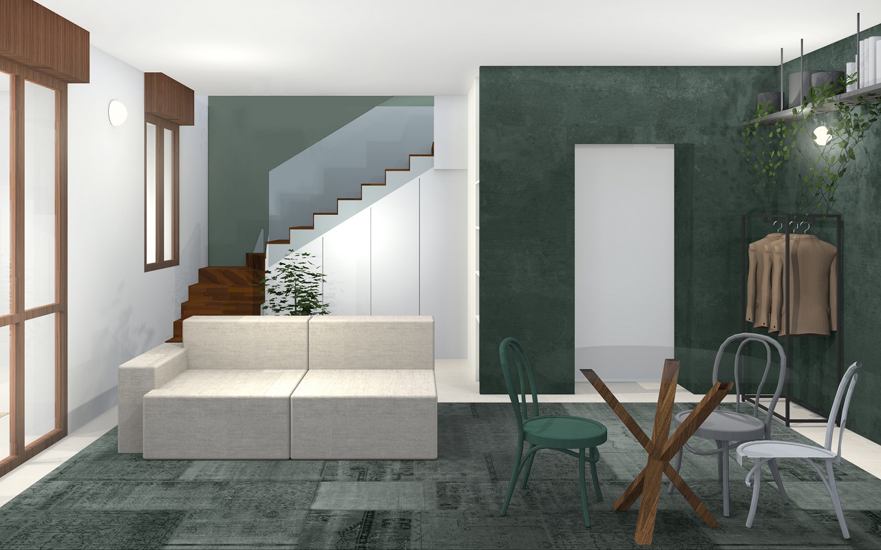 ingresso rinnovato con color blocking e arredo sottoscala salvaspazio, colore verde biome