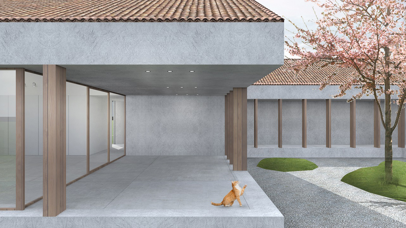 villa singola dal carattere vernacolare nella campagna padovana, sviluppata su un unico livello con tetto spiovente e materiali tradizionali. Grandi vetrate a tutta altezza e colonnato in legno racchiudono il portico e il camminamento d’ingresso lungo il patio
