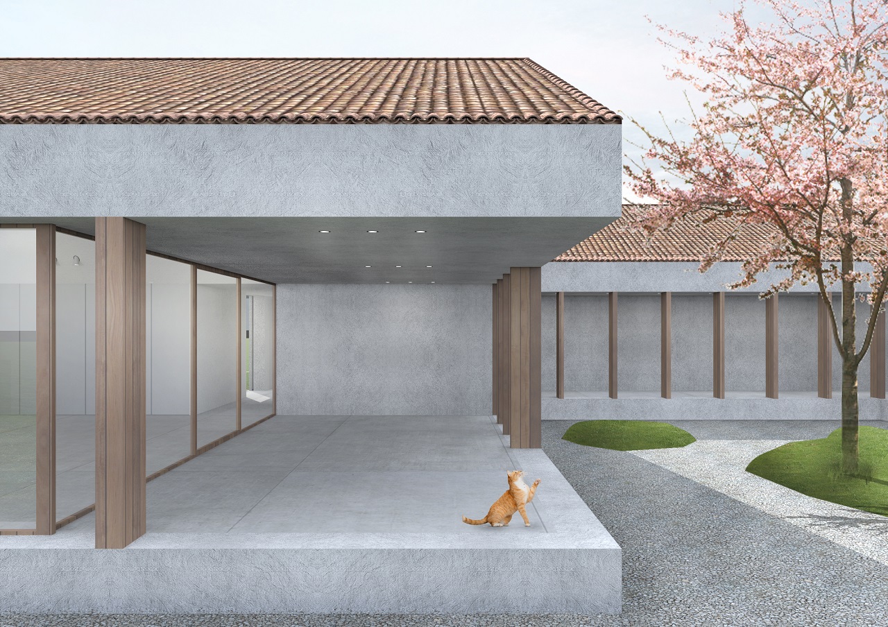  villa singola dal carattere vernacolare nella campagna padovana, sviluppata su un unico livello con tetto spiovente e materiali tradizionali. Grandi vetrate a tutta altezza e colonnato in legno racchiudono il portico e il camminamento d’ingresso lungo il patio 