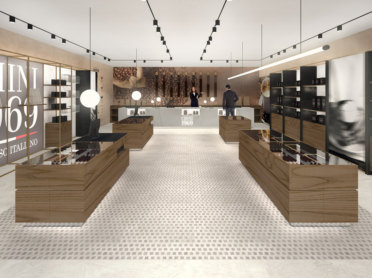 Interior design di una caffè boutique con finiture calde e raffinate, arredo su misura in legno di noce e metallo ottonato, che crea un'atmosfera contemporanea e richiama l'esperienza olfattiva delle miscele di caffè pregiate.