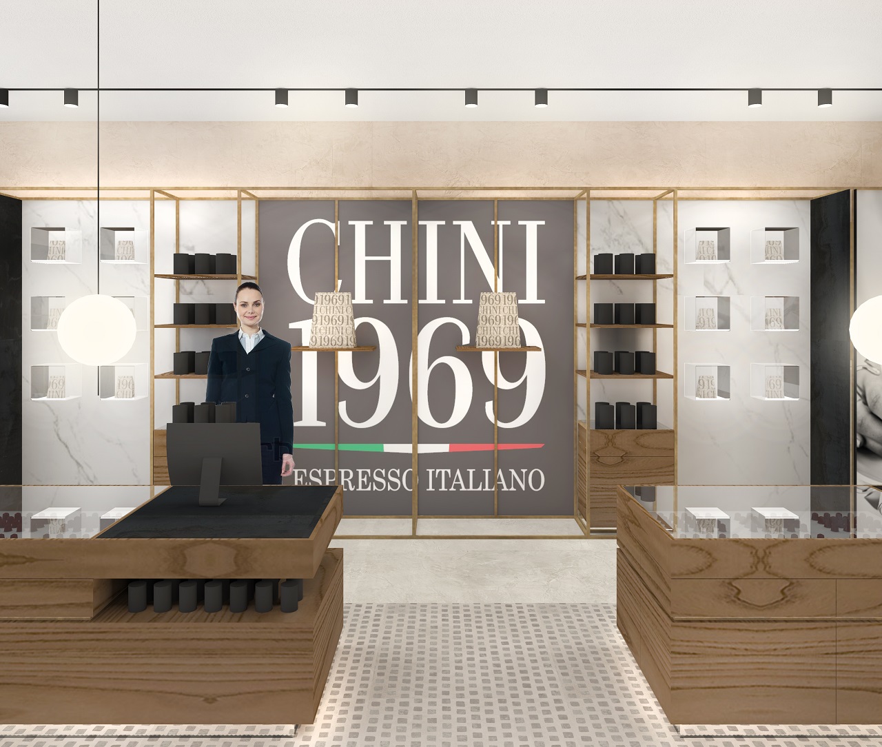 Interior design di una caffè boutique con finiture calde e raffinate, arredo su misura in legno di noce e metallo ottonato, che crea un'atmosfera contemporanea e richiama l'esperienza olfattiva delle miscele di caffè pregiate.