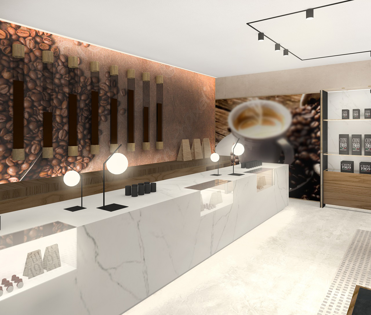 Interior design di una caffè boutique con finiture calde e raffinate, bancone su misura dalle linee essenziali in marmo candido, che esprime eleganza e raffinatezza.
