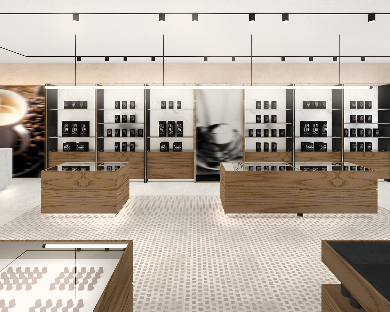 Interior design di una caffè boutique con finiture calde e raffinate, arredo su misura in legno di noce e metallo ottonato, che crea un'atmosfera contemporanea e richiama l'esperienza olfattiva delle miscele di caffè pregiate.