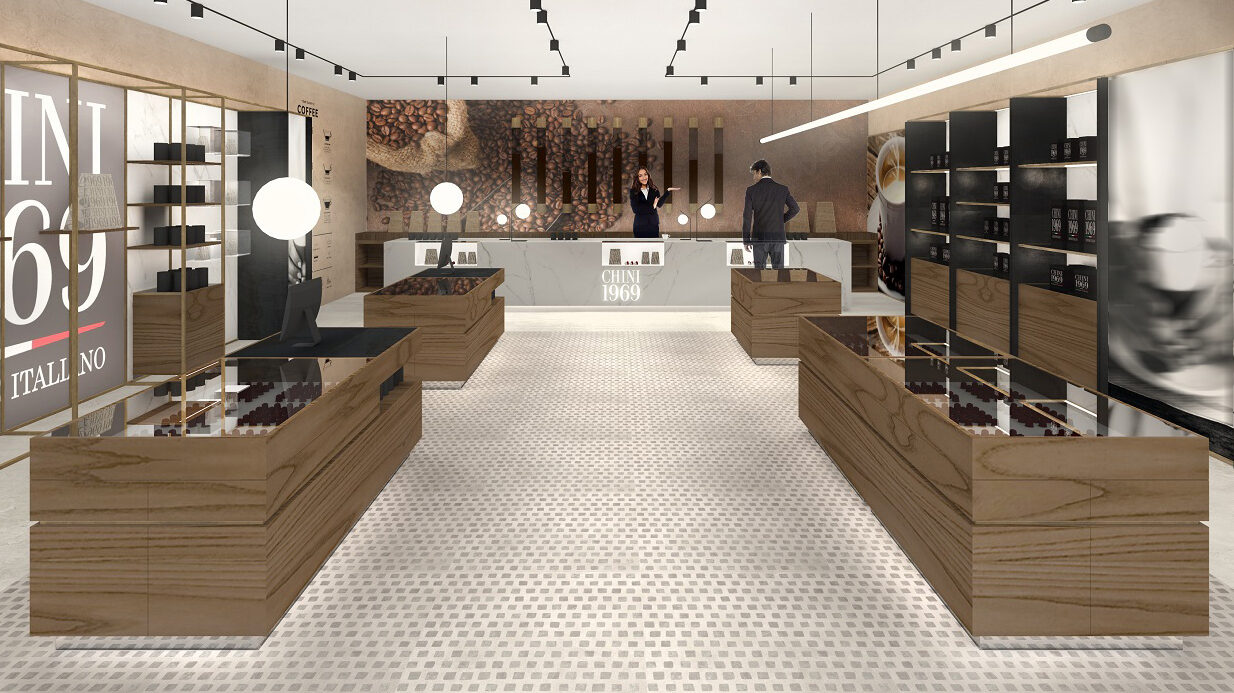 Interior design di una caffè boutique con finiture calde e raffinate, arredo su misura in legno di noce e metallo ottonato, che crea un'atmosfera contemporanea e richiama l'esperienza olfattiva delle miscele di caffè pregiate.