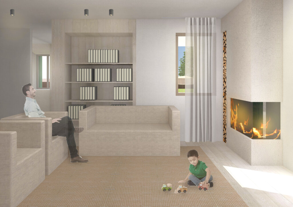 Zona giorno di una casa sui Colli Euganei con arredo dalle linee essenziali, finiture calde e naturali, caminetto a legna con nicchia porta ceppi e libreria che separa il soggiorno dall'ingresso.