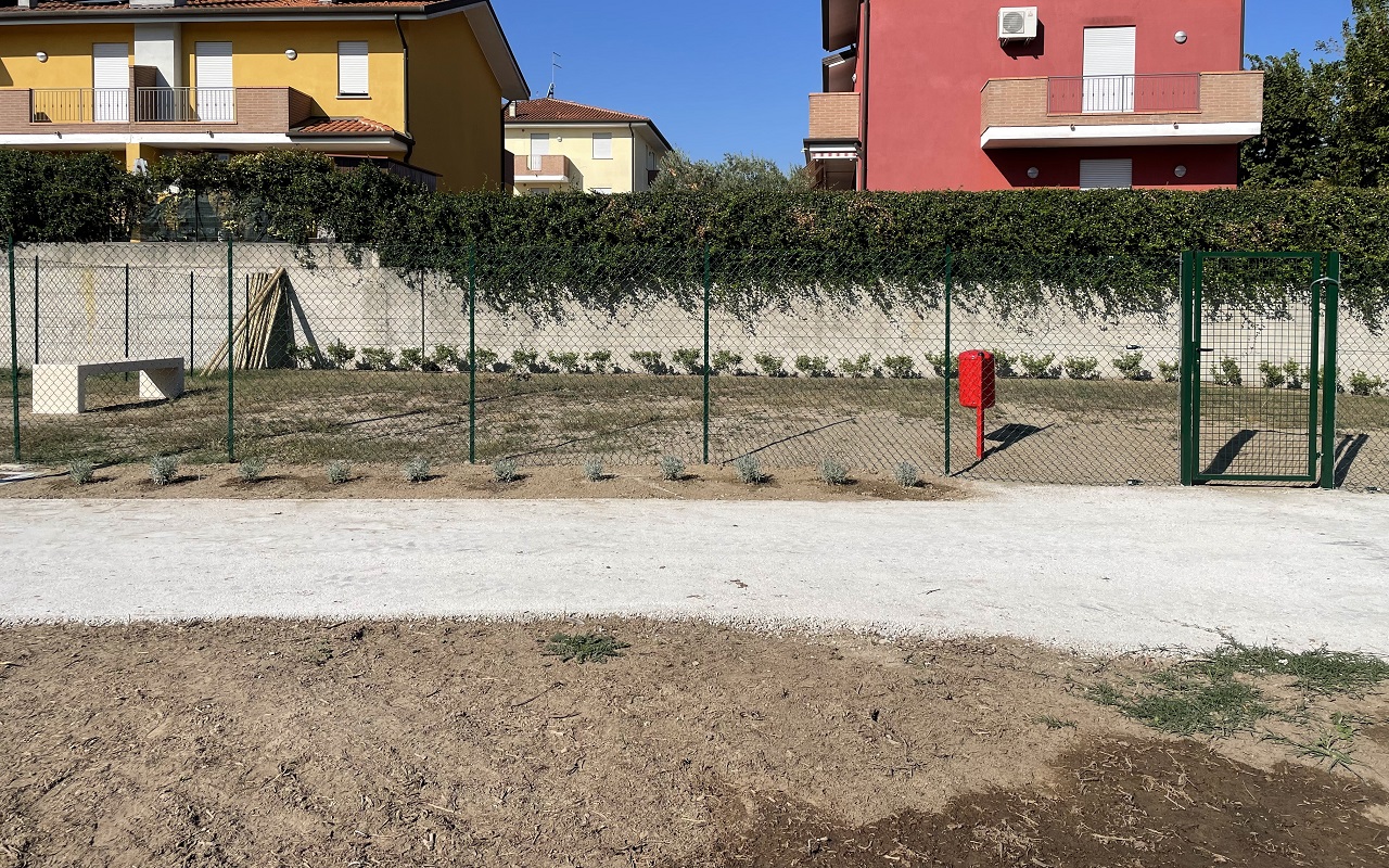 camminamento pedonale e ingresso all'area sgambamento cani con cestino rosso e panca, una nuova siepe perimetrale e un filare di lavanda profumata