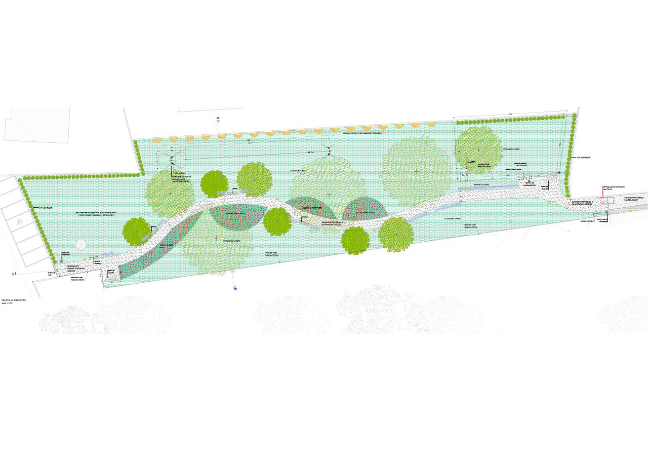 Progetto di rigenerazione di un parco urbano con prato fiorito, nuovi alberi, zona giochi, area sgambamento cani, camminamento pedonale illuminato e sedute moderne.